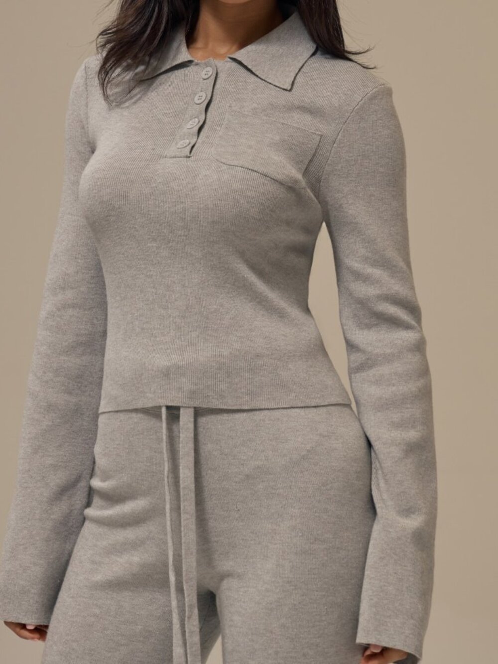 Light Grey Casual Women's Slim Fit Flare Sleeve Button Front Polo Neck Pullover - Picture 3 of 5